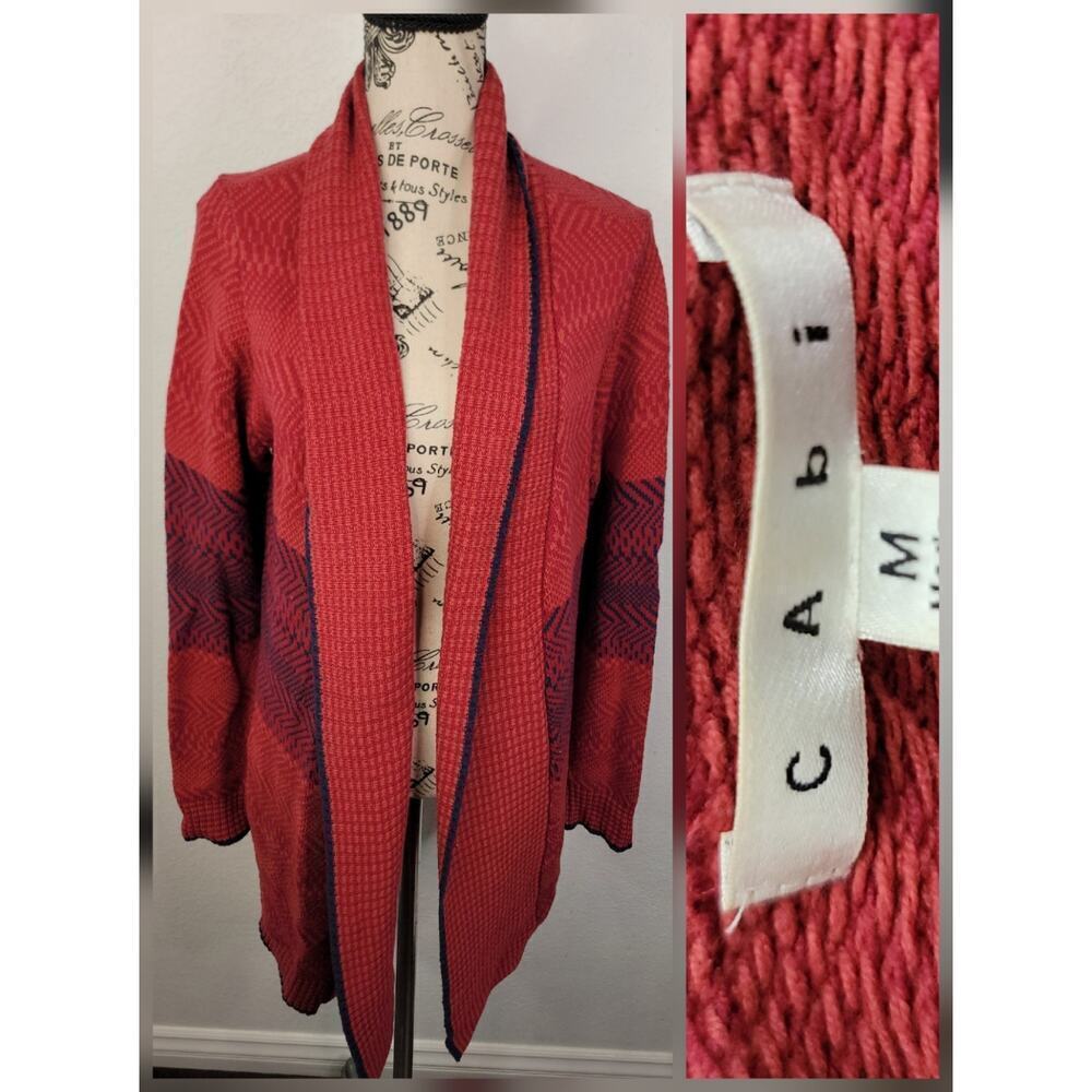 Cabi Joy Open Front Cardigan Sweater Womens SZ Medium Pockets Red Navy